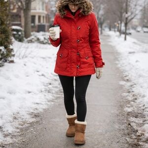 H&M Red Winter Parka Faux Fur Hood Removable Trim - Size 4